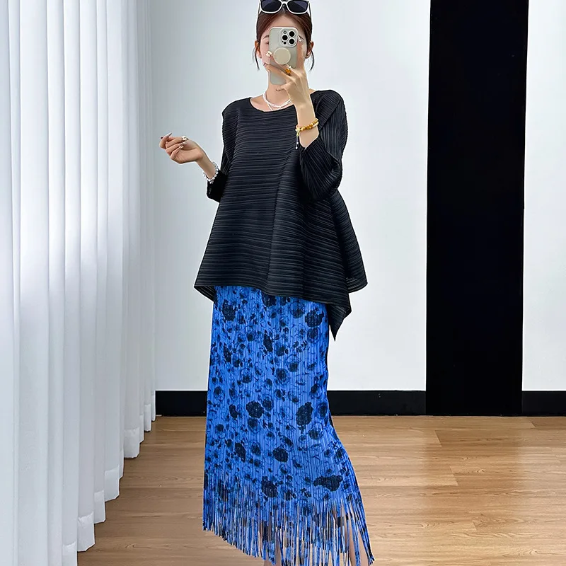 Pleated Women's Tops Miyake 2025 Summer New Fashion Loose Casual Peplum Solid Colour Premium Feeling Temperament T-Shirt