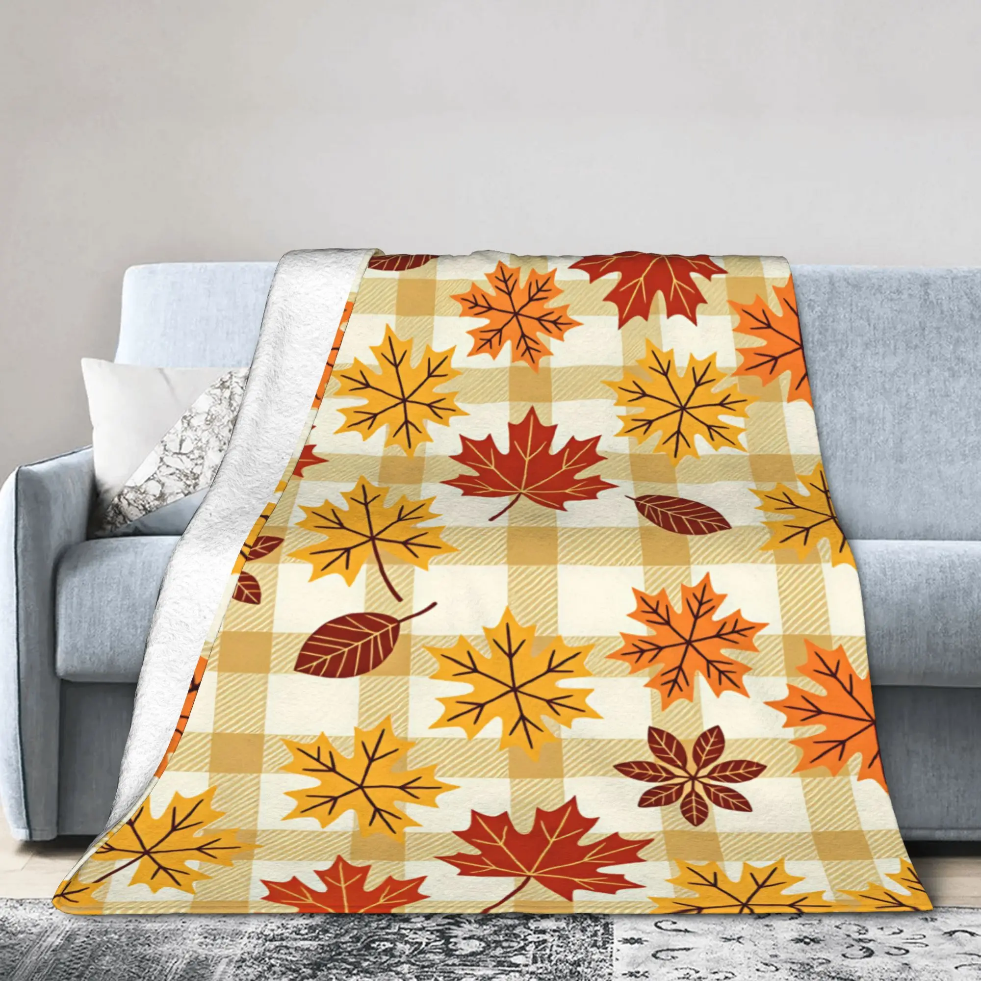 Warm Blankets Picnic Fall Maple Leaf Gingham Throw Blanket  Flannel Bedspread For Couch Chair Funny Sofa Bed Cover
