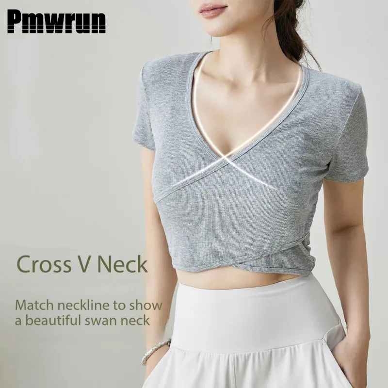 

Pmwrun 2025 Spring/Summer Women Summer Short Sleeve T-Shirts Tops Solid Slim Fit Pullovers Slim Tees Shirts Female Yoga Shirts
