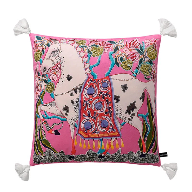 Soft Velvet Cushion Cover Horse Print, Flower, Square Pillowcase Shell, Home Sofa Bed, Couch Decoration, Pink Vintage Animal, 2