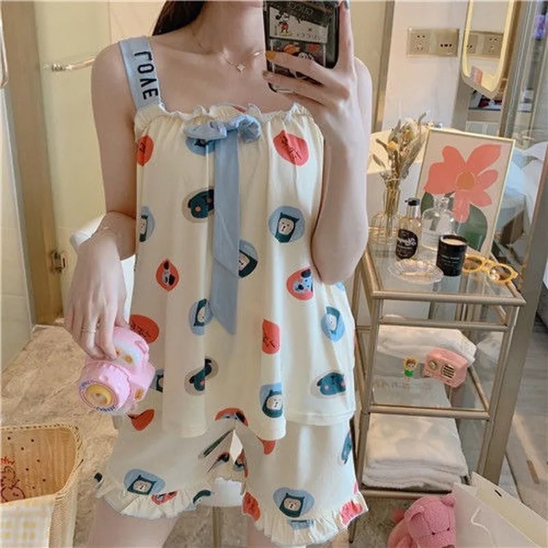 

Pajama Sets Women Sling Bow Ruffles Spaghetti Strap Cartoon Printing Cute Girls Summer New Designed Ulzzang Comfortable Trendy