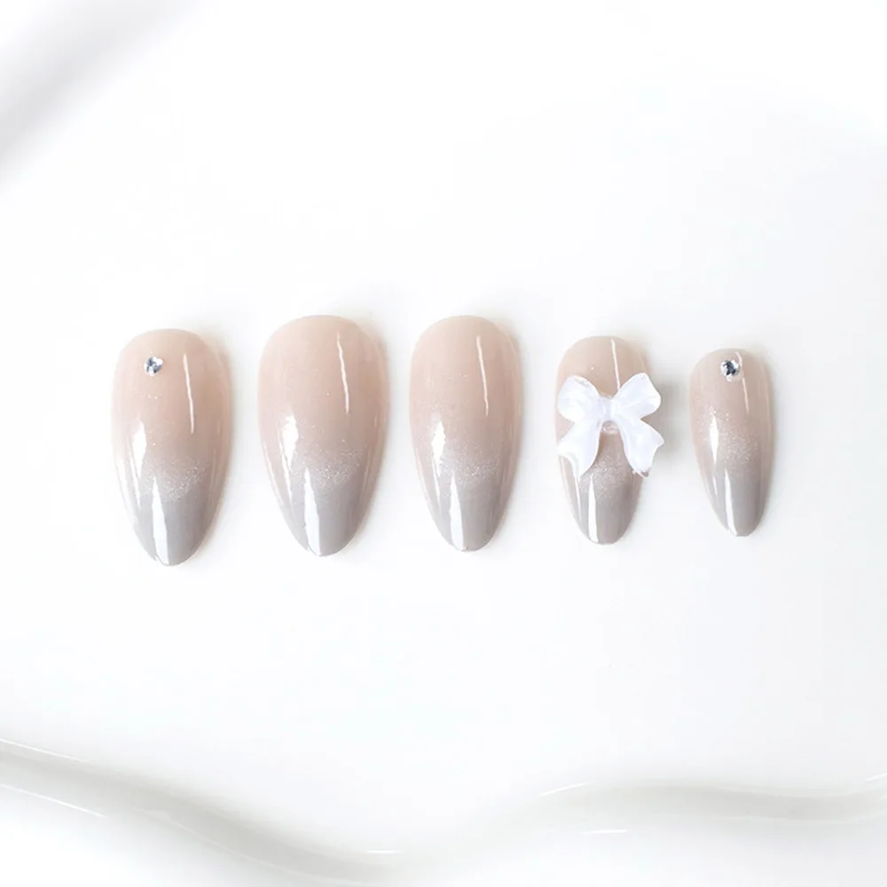 24Pcs Almond Pure Press On Nails Full Cover Butterfly French Pearl Diamond False Nails Wearable Manicure Nail Tips Art