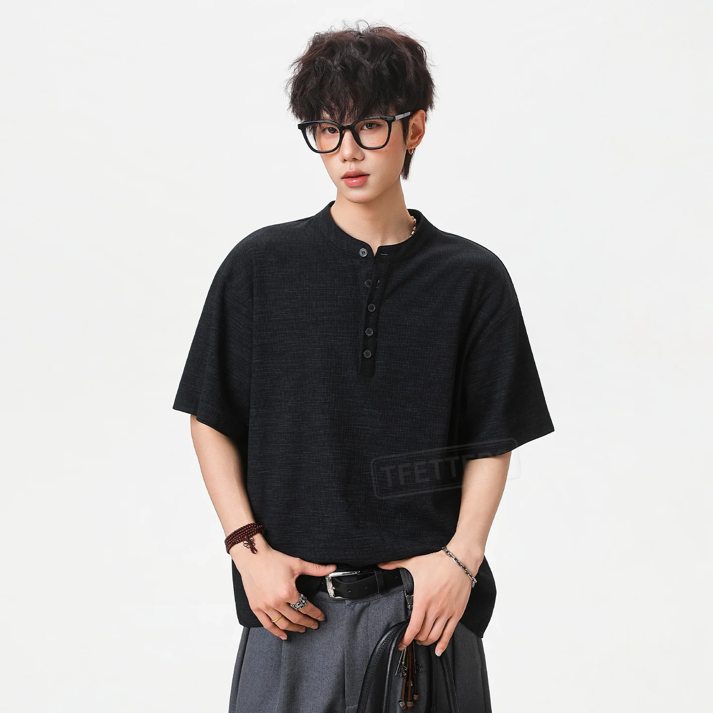 

TFETTERS 2026 Summer Old Money Fashion T-Shirt Men Oversized Half Sleeve Textured Solid Color Cotton Office Daily Wear Outfit