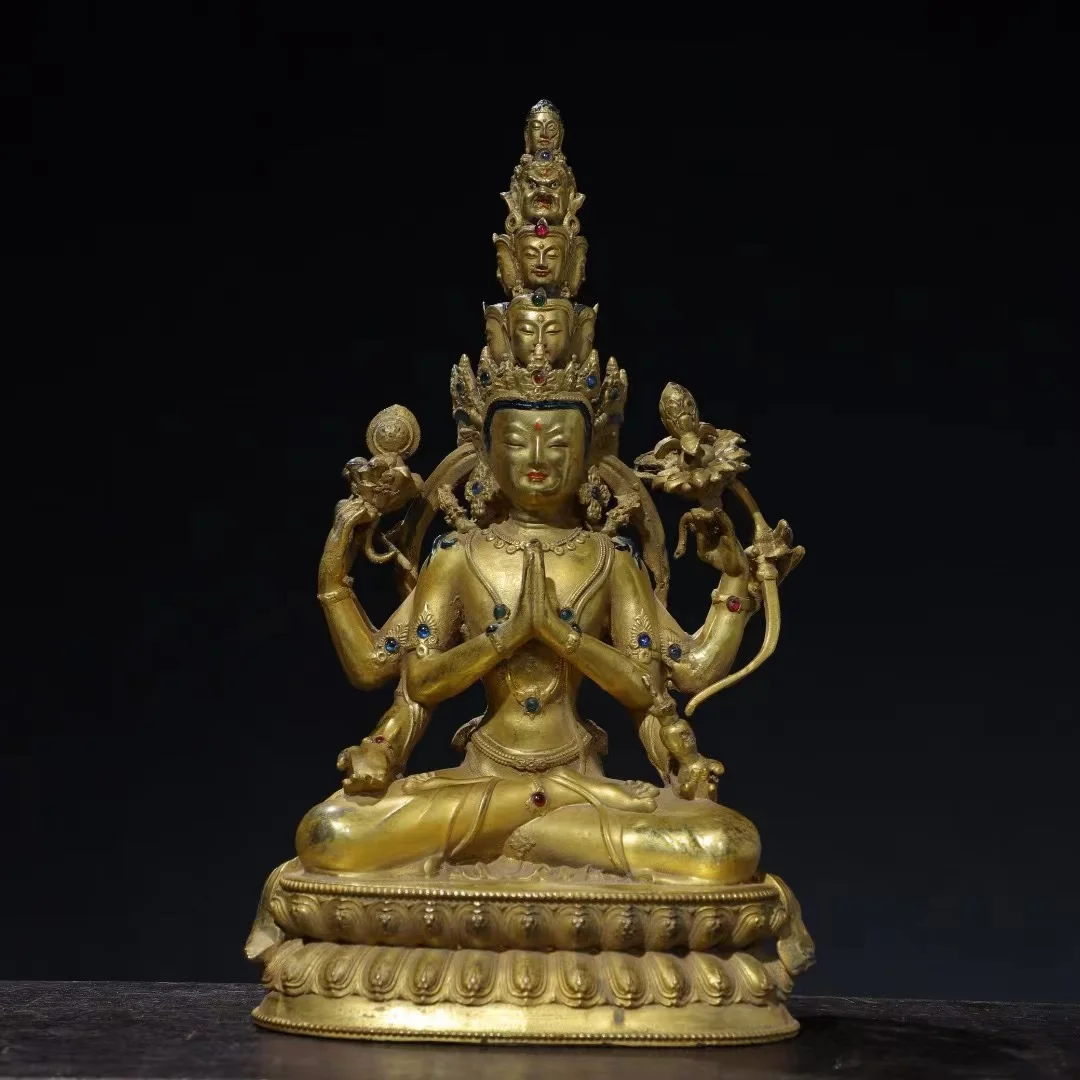 Rare  old Handmade copper Inlaid with precious stones multi-faced Buddha buddha statue,Free shipping