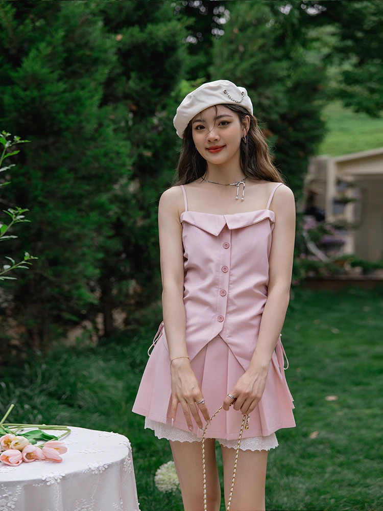 

Summer Sexy Sweet And Spicy Women's Suit Set High Waist Dstring Crop Top And Pleated ort Skirt Two-Piece Slimming Ensemble