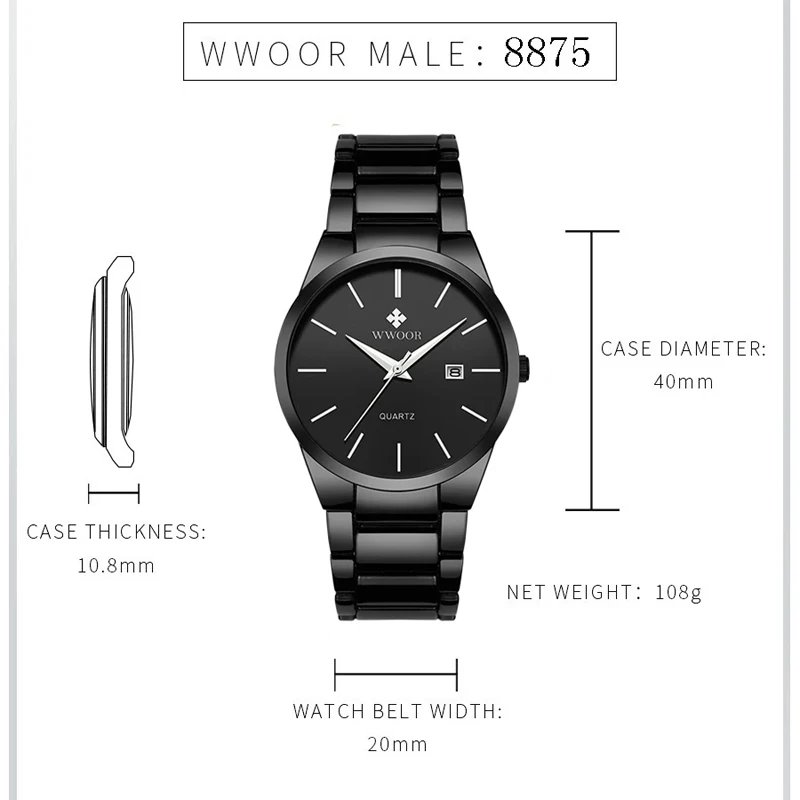 WWOOR Top Brand Luxury Classic Man\'s Watches Stainless Steel Waterproof Date Quartz Watch For Men Fashion Business Male Watch