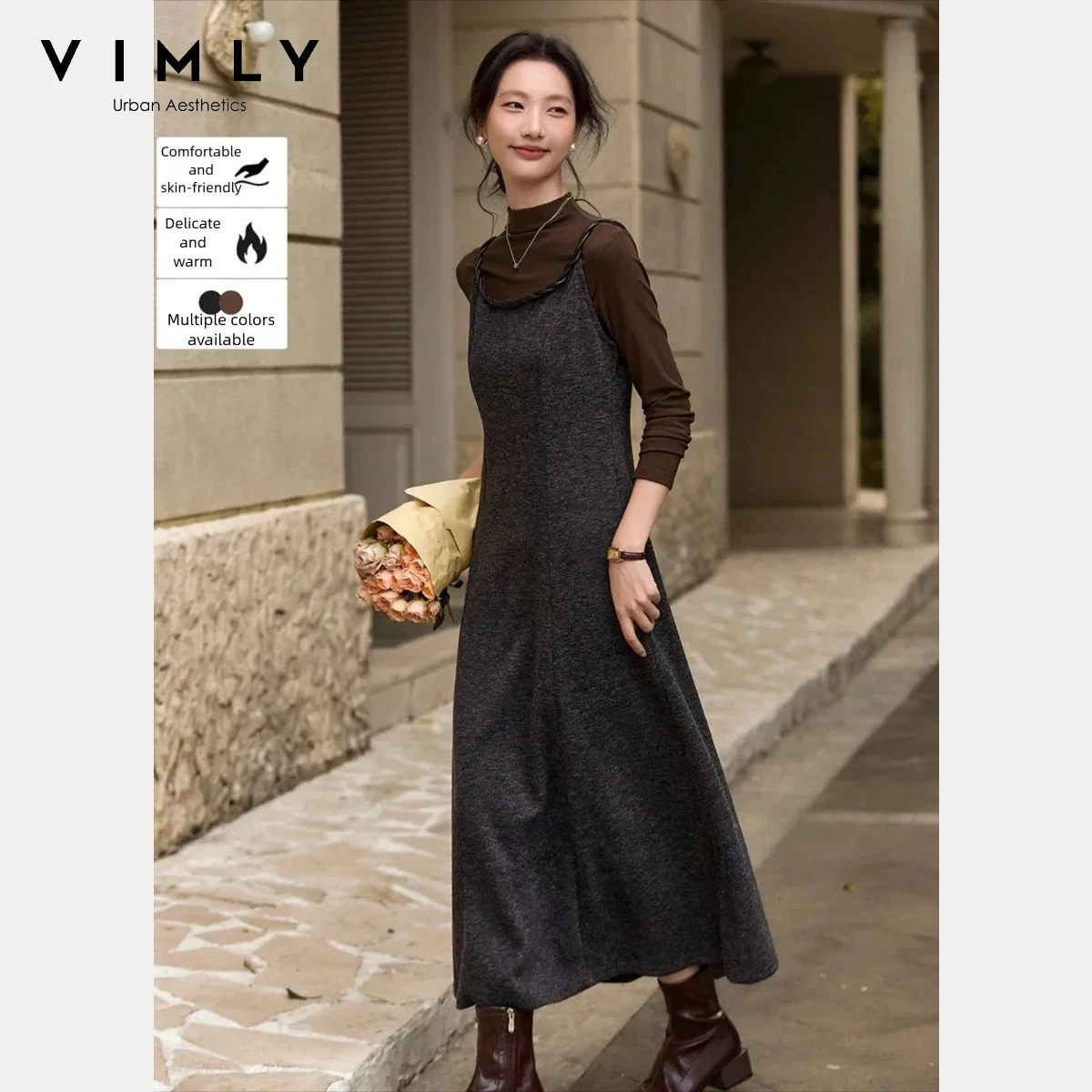 

VIMLY Новый комплект из двух предметов для женщин 2025, зимняя повседневная водолазка, топ до щиколотки, платье-комбинация, комплект из двух предметов, женская одежда 30522