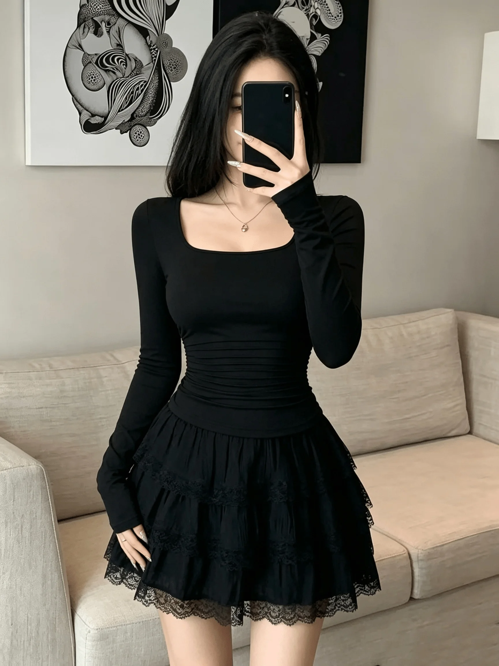 Women's Elegant Square Neck T-Shirt Long Sleeved Waist Cinched Top Solid Color Casual Autumn Wear for Daily Commuting