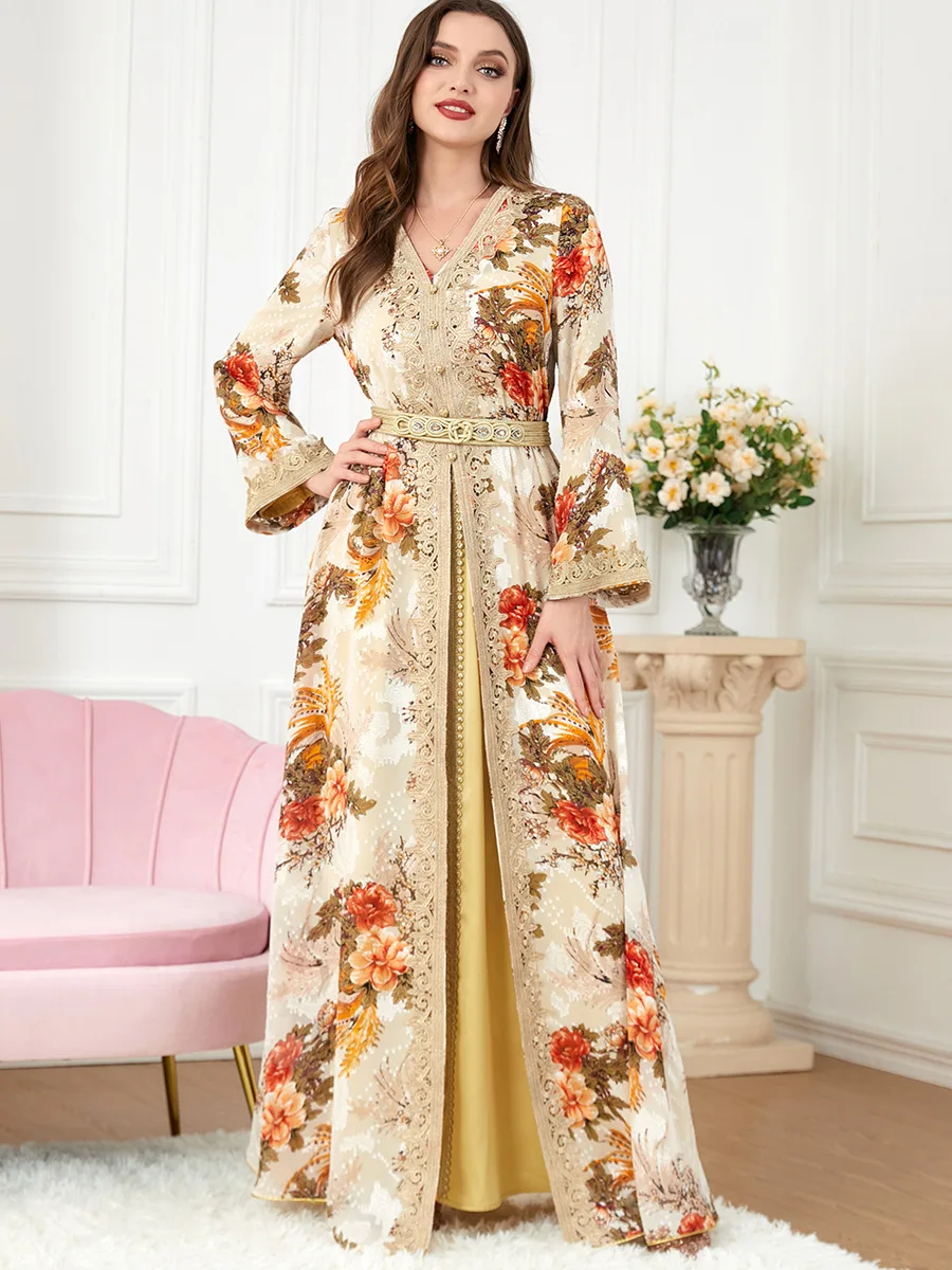 Eid abito da festa musulmano per donna Abaya Set da 2 pezzi cintura Ramadan marocco Kaftan Vestidos Largos Dubai turchia Robe Jalabiya 2024