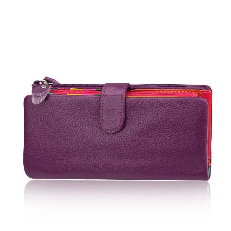 Brand Genuine Leather Women's Wallet Top Quality Long Purse Clutch Coin Purse Phone Bag Card Holder Large Capacity Purple Wallet