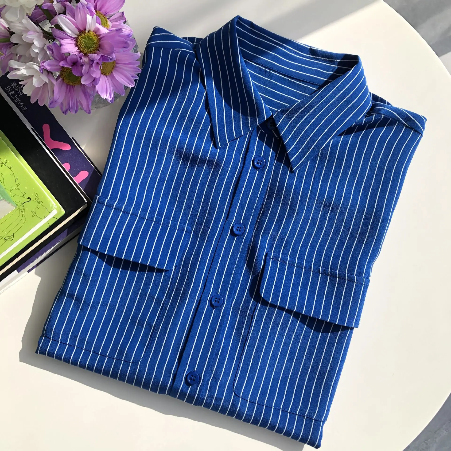 

Женская блузка из 100% шелка тутового шелкопряда, модная, высококачественная, брендовая, с эффектом песочной стирки, с принтом в полоску, с отложным воротником, с длинным рукавом