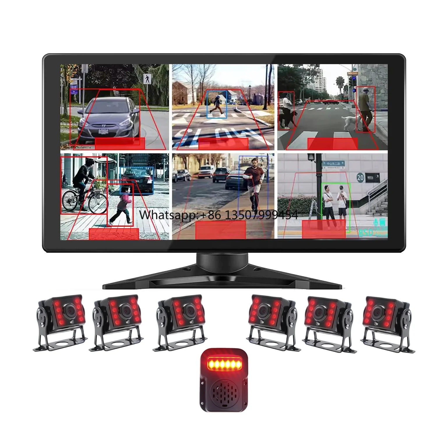 

10.1 Inch Touch Screen PWAS 6ch BSD Ai Detection DVR Monitor 6x AHD 1080P Rear View Reverse Cameras Sound Light Alarm for Truck