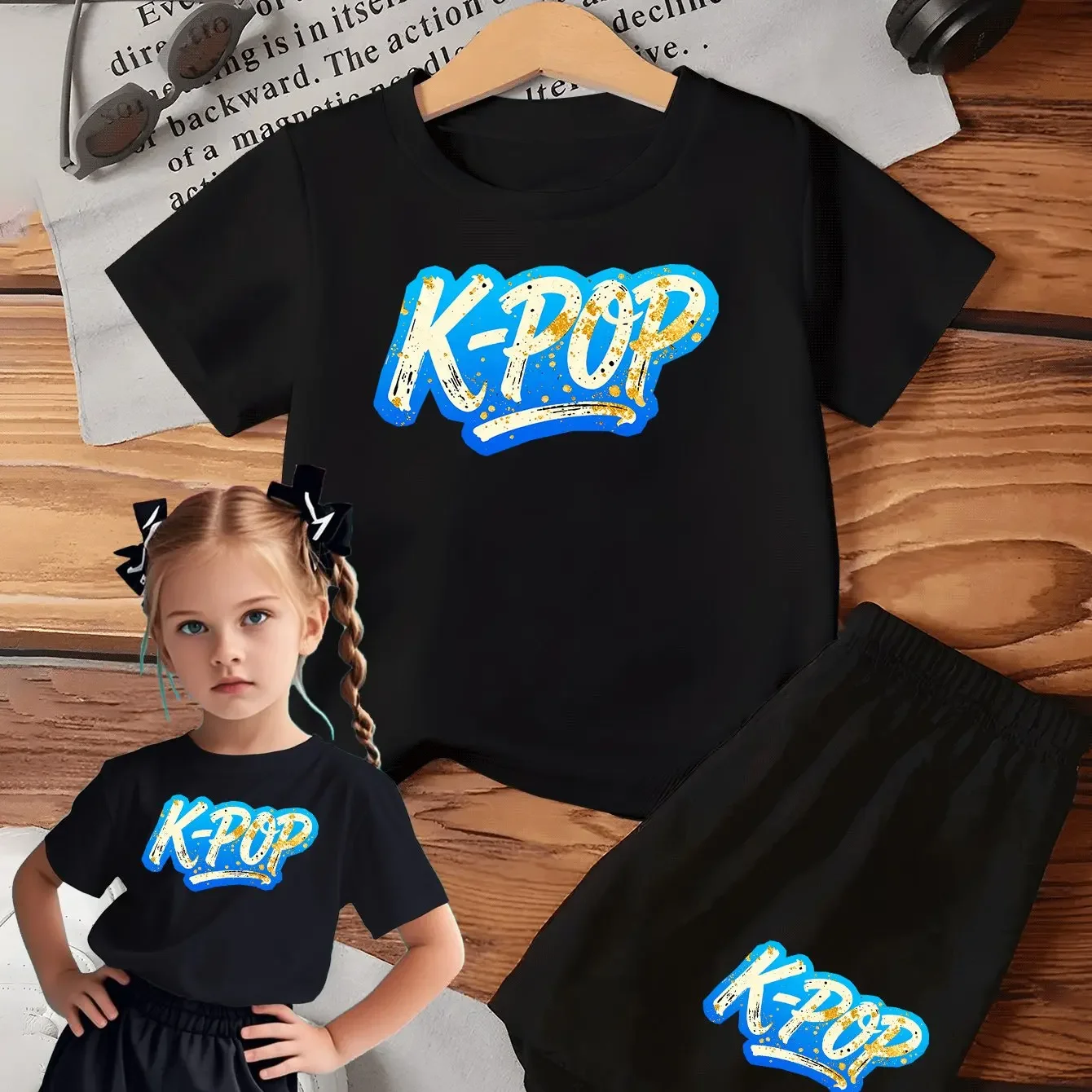 Conjunto de 2 piezas de ropa a juego con temática K-Pop para niña, camiseta y pantalones cortos de cultura pop coreana con estampado de logotipo icónico, verano ligero