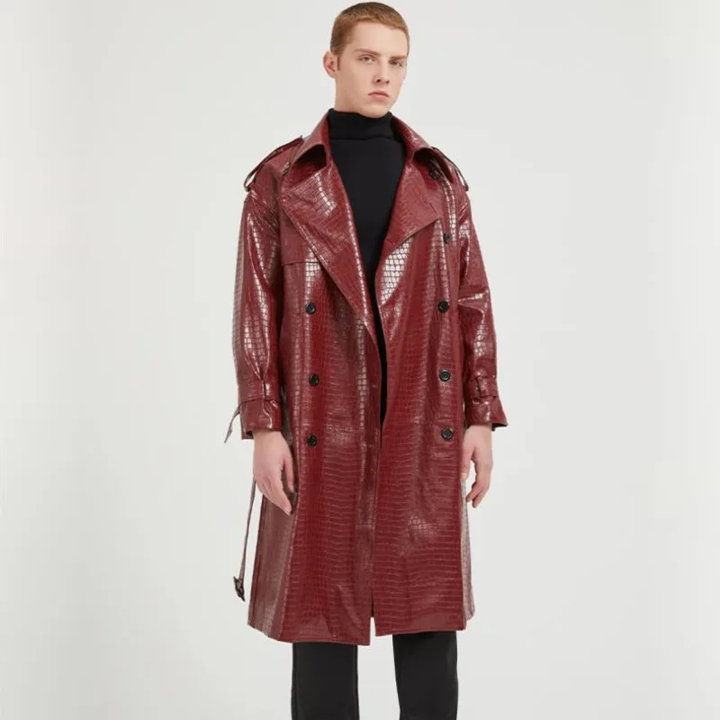 WVGA Autumn Winter New Man Tide Pattern Trendy PU Leather Jacket Niche Chic Casual Belt Double-Breasted Niche Trench Coat W15291