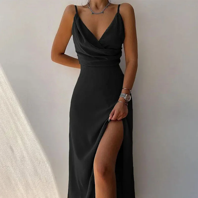 Sexy Deep V Neck Paghetti Strap High Waist Dress For Women Elegant Big Hem High Split Folds Long Dresses 2024 Summer New Lady - Image 3