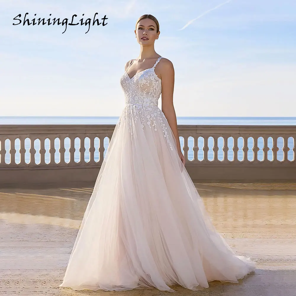 

ShiningLight Boho Lace Wedding Dresses Spaghetti Straps Ivory A Line Bridal Gowns Appliques Pleat Tulle Wedding Gowns Customized