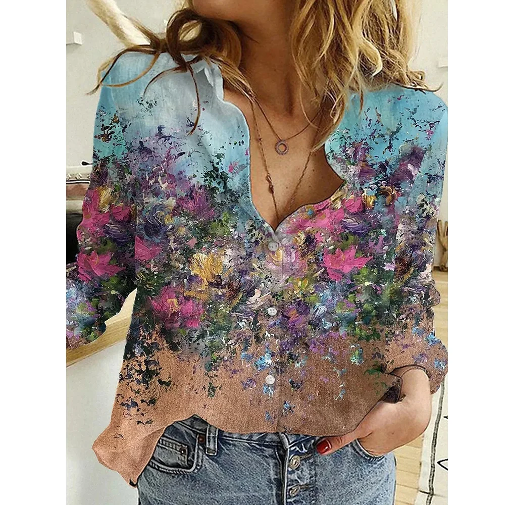 Elegant 3D Leaf Printed Tops Women's Long Sleeve Shirts Fashion Autumn Spring Lady Single Breasted Basic Button Lapel Shirts