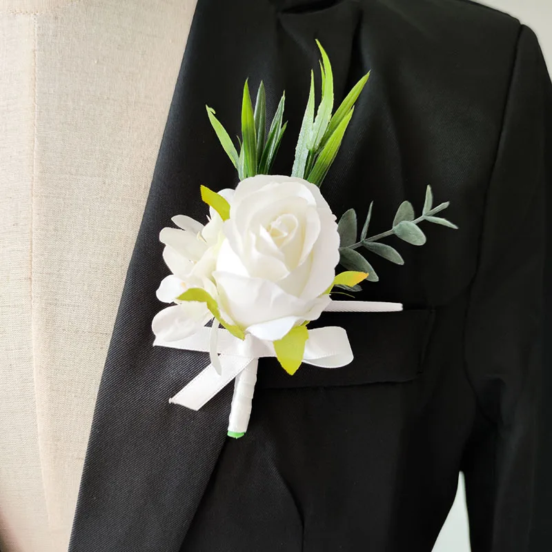 LKY Fr Acessórios Do Casamento Branco Boutonniere Buttonhole Flores De Seda Rose Corsage Lapela Pin Dama Boutonniere Mariage Homme