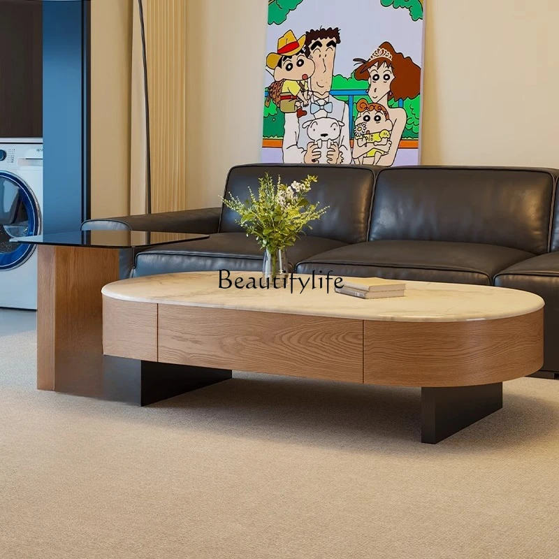 

Medieval solid wood coffee table living room household light luxury minimalist tea table oval