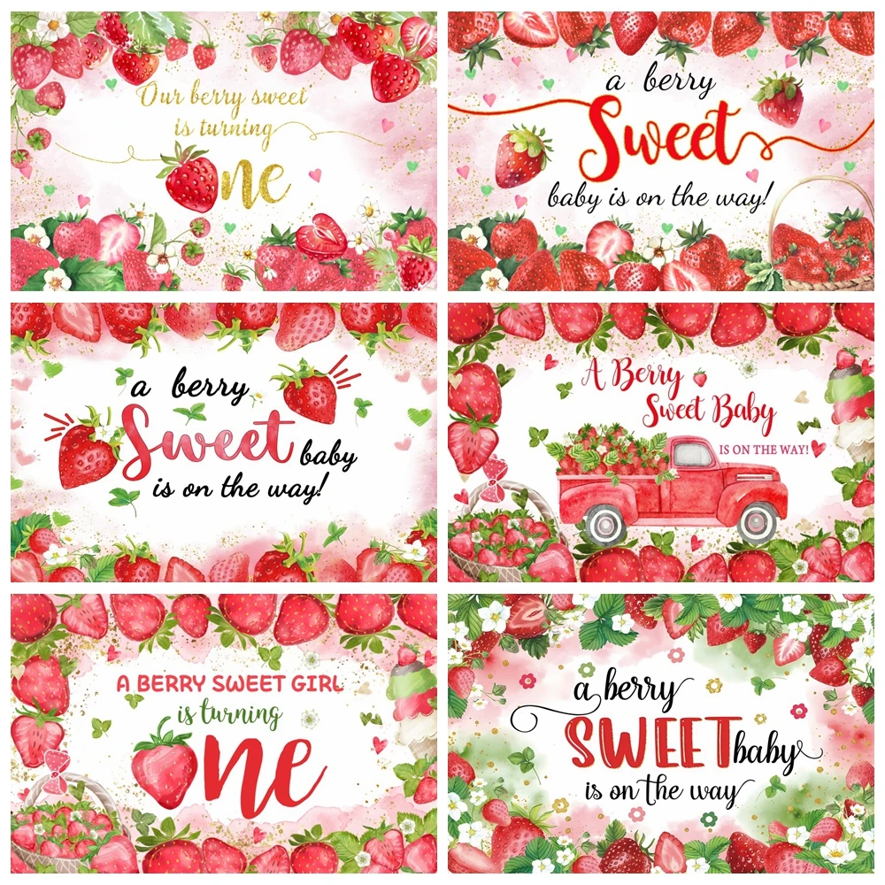 ธีมสตรอเบอร์รี่ฉากหลังปาร์ตี้วันเกิดสาวหวานตกแต่งวันเกิดครั้งแรกของทารกแรกเกิดถ่ายภาพพื้นหลังสตูดิโอถ่ายภาพ