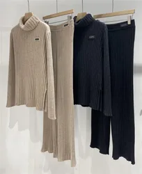 Women's Cashmere Suit Beaded High Collar Pullover Sweater+  Elastic Casual Straight Pants Casual Two-Piece Set