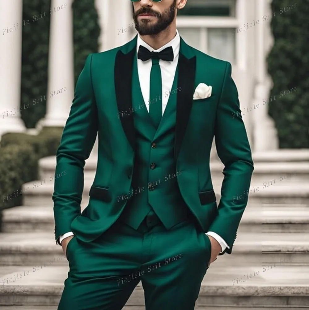 New Black Lapel Green Business Suit Groom Groomsman Prom Wedding Party Formal Occasion Men Tuxedos 3 Piece Set Blazer Vest Pants