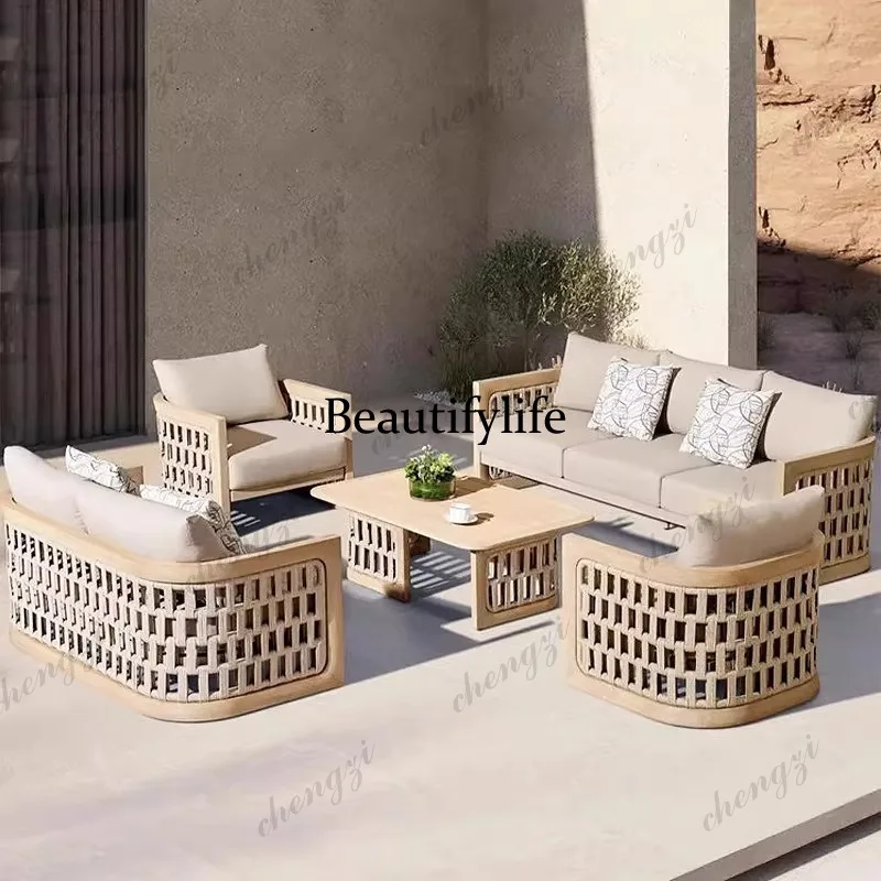 Outdoor sofa courtyard villa garden open-air leisure imported teak bed and breakfast outdoor solid wood sofa