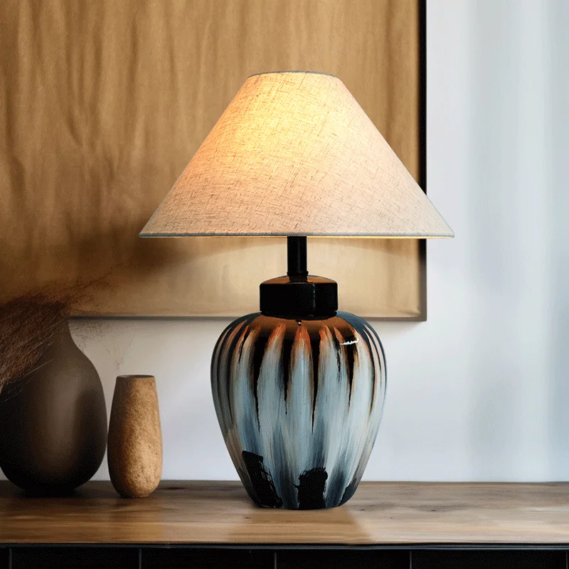 

New Chinese retro wabi wind ceramic table lamp bedroom bedside lamp Japanese homestay designer living room decoration ornament