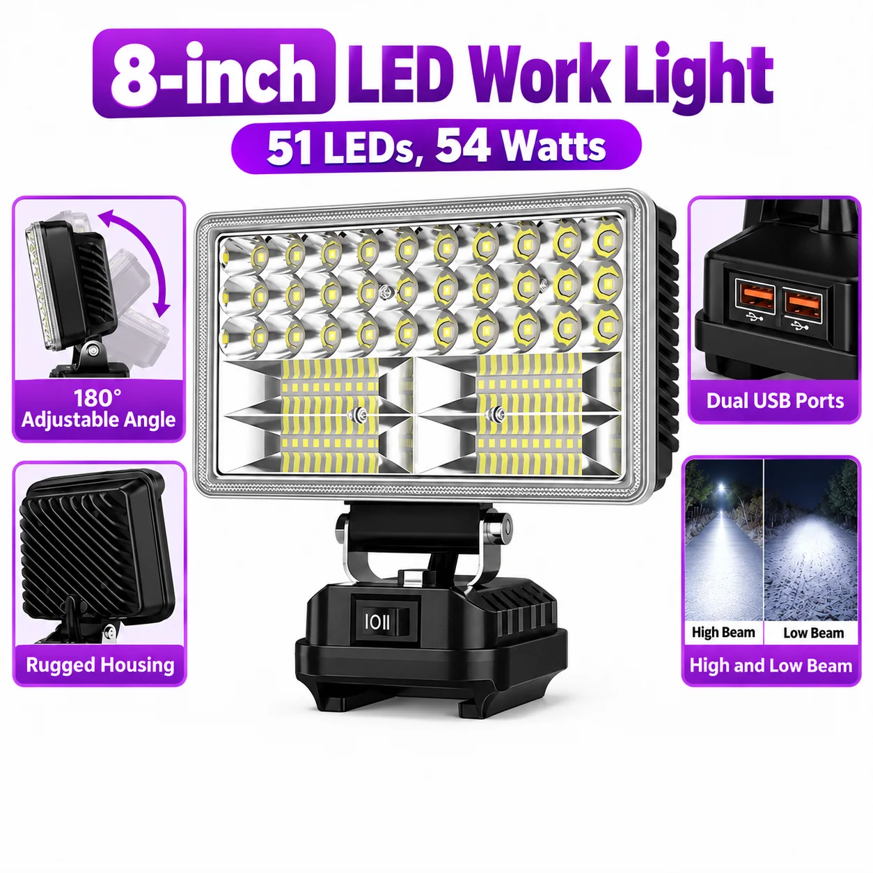 LED Work Light 8 Inch For Makita 14.4V 18V Li-ion Battery Lamp With USB Outdoor Flashlight Lantern Camping Emergency Light