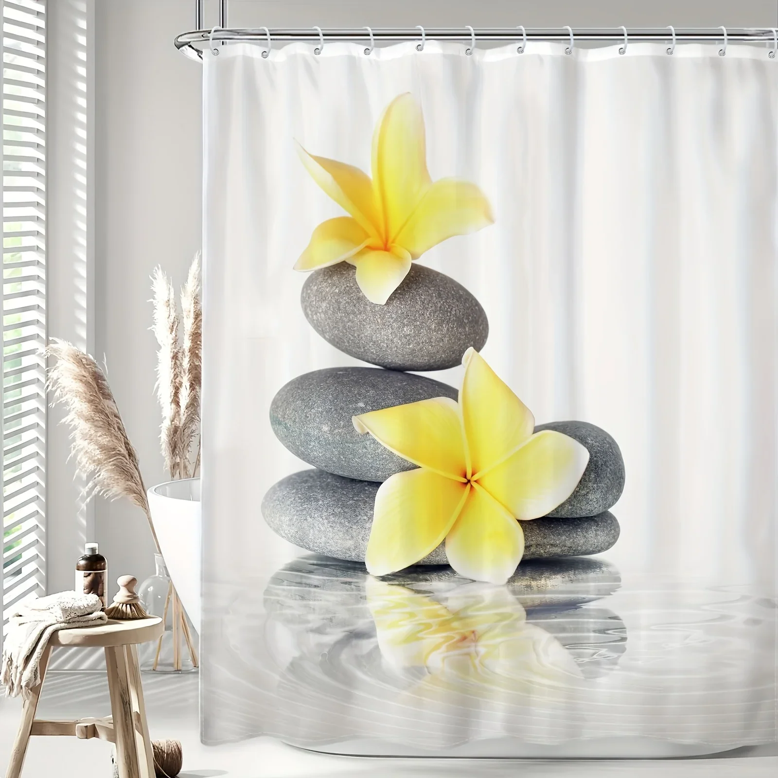 

~O~1pc Zen Stones Shower Curtain - Yellow Floral Oriental Design, 12 Hooks, 60Wx72H", Spa & Meditation Bathroom Decor