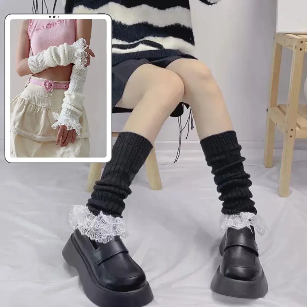 

Knitted Lace Ruffled Gloves Arm Sleeve Decorated Cuffs Leg Warmers Ornament Cosplay Anime Display Arm Warmer Punk Gothic Gloves