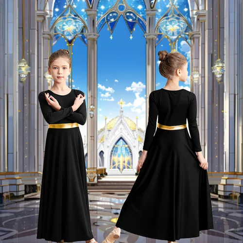 Imagen 2 del producto Vestido de baile de alabanza para niña, Ropa de baile de iglesia holgada de manga larga, traje de adoración litúrgica de longitud completa metálico, vestido de baile