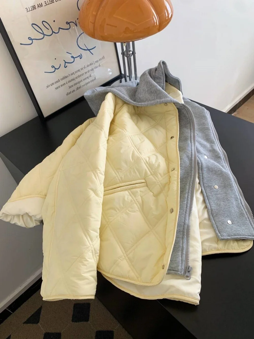 

Корейская женская хлопковая куртка с желтым ромбовидным узором, со съемным капюшоном, свободного кроя, легкая, для осени и зимы, модная