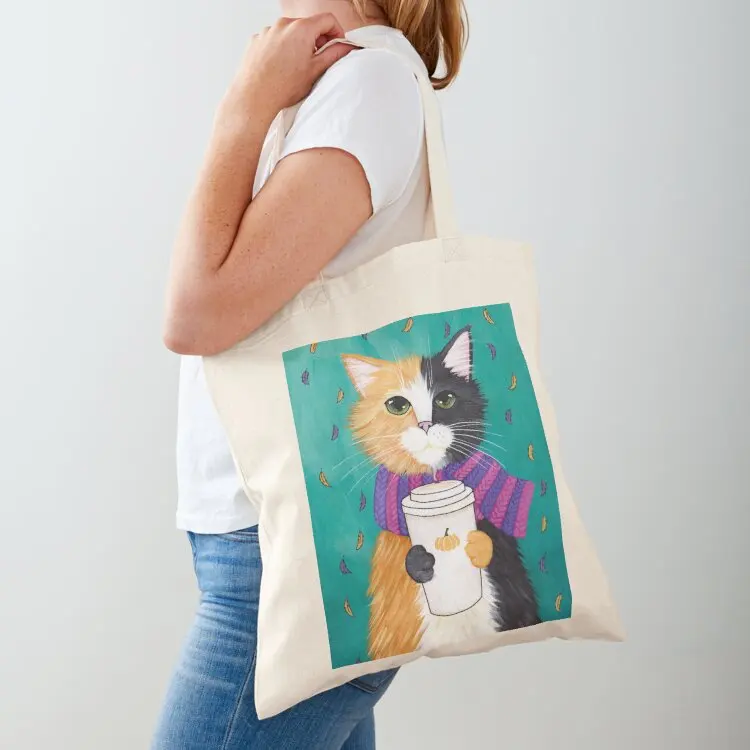 

Autumn Calico Coffee Cat Tote Bag tote bags men woman shopping bag Customizable tote bag handbag