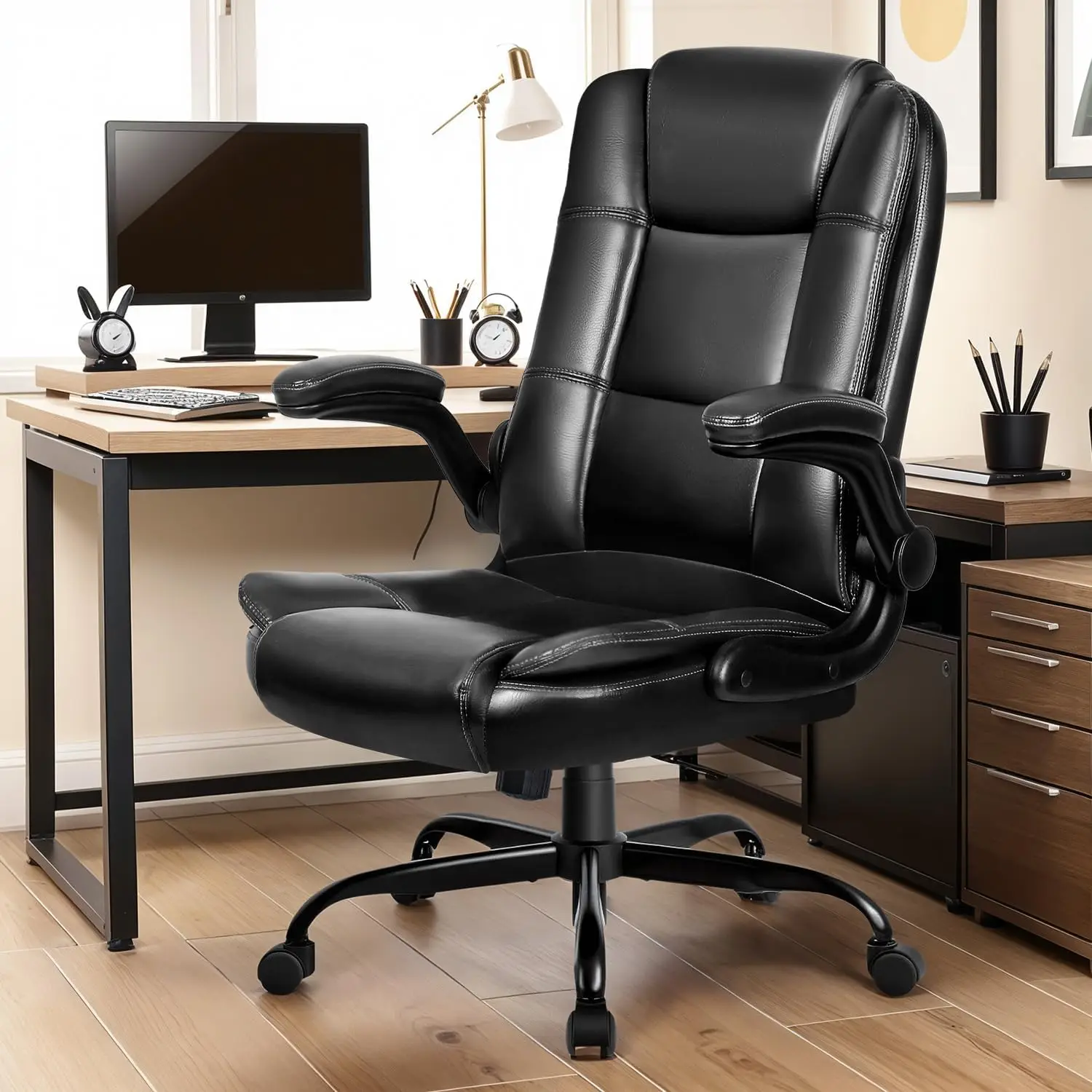 Leather Office Chair - Ergonomic Office Chair Computer Desk Chair, High Back Executive Office Chair with Lumbar Support