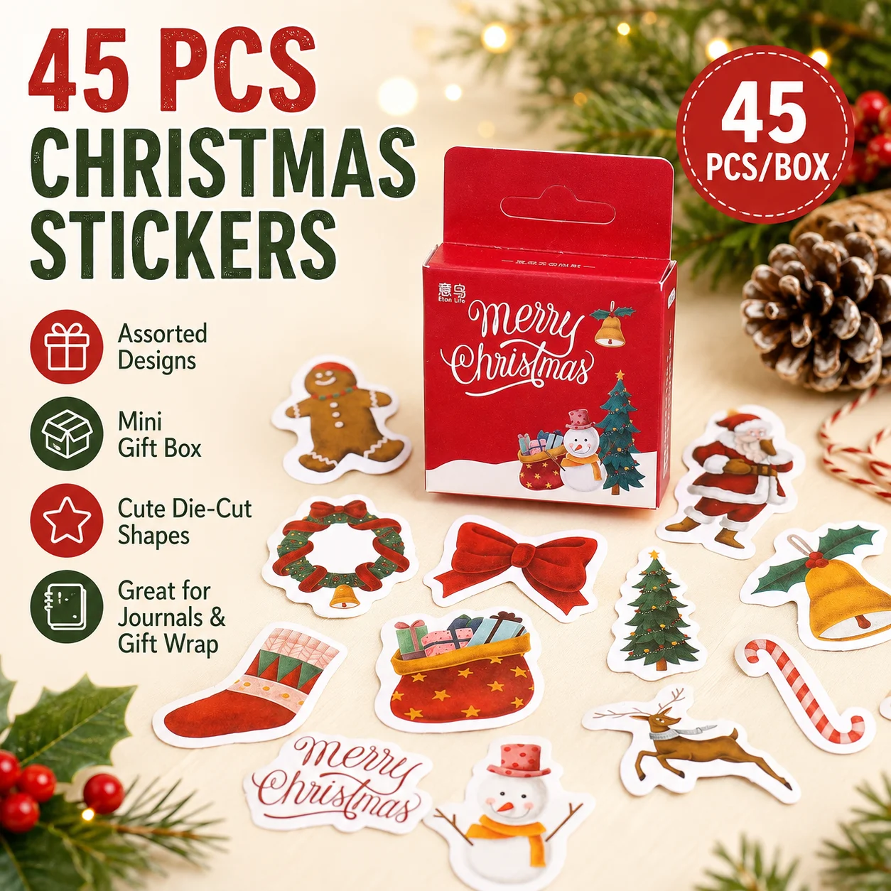 45Pcs/Box Xmas Decorative Stickers in Box, Assorted Christmas Die Cut Stickers for Scrapbook Cards Gifts Journaling Crafts