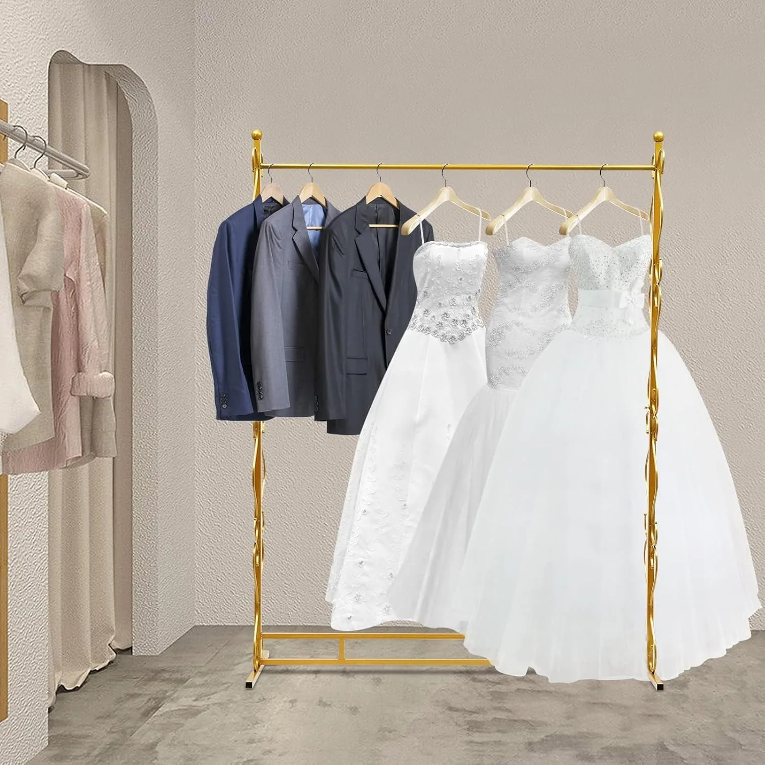 

Retail Gold Clothing Rack for Boutique Display, Wedding Dress Rack, Metal Floor Standing Dress Racks for Hanging Long Dresses