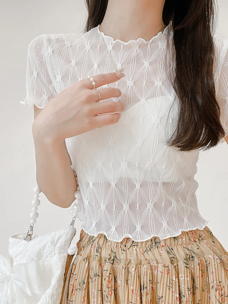 

Ruffle Lace Base irt Women Summer ort Sve Ice Silk Me Top Sexy See tough Commute Sle round Ne Fit Korean Version