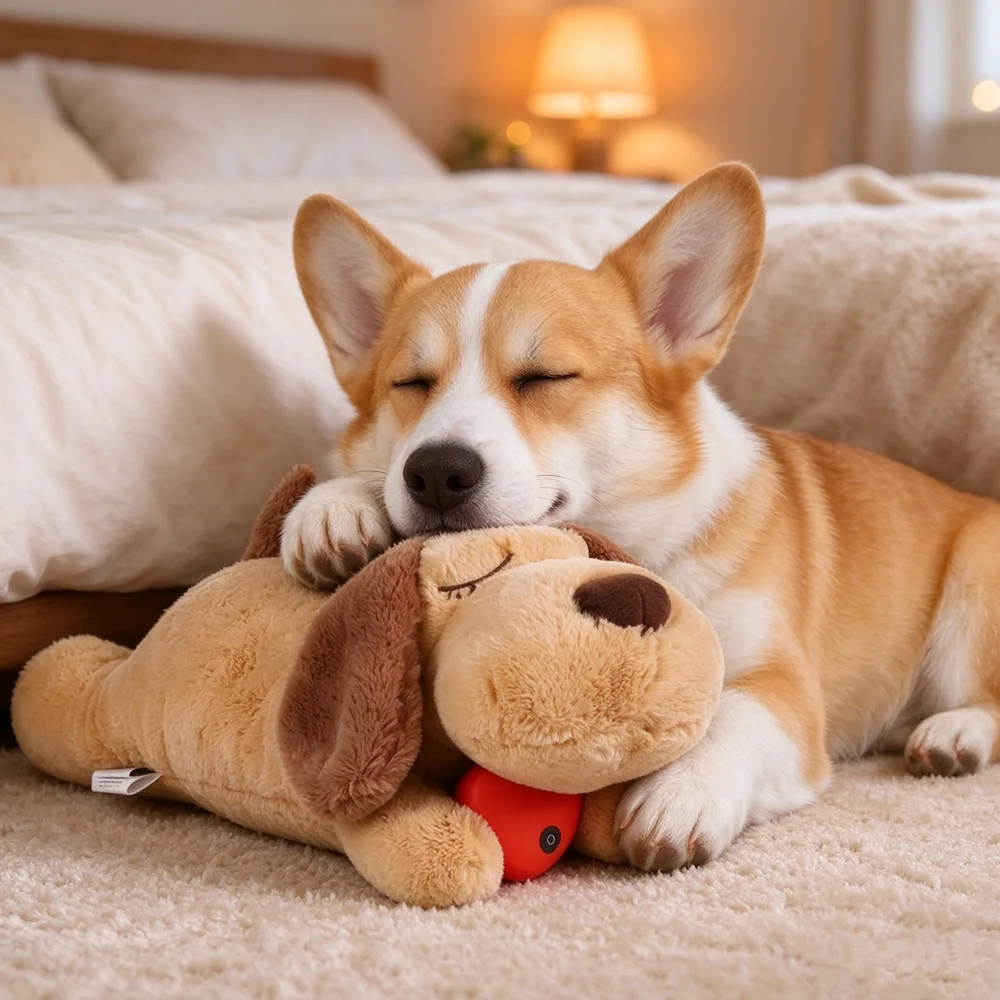 Dog Sleep Anxiety Relief Plush DollHeartbeat Aid Toy Stuffed Animal Lying Dog Fidget Toy Behavioral Training Soft Puppy