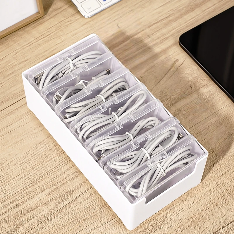 صندوق تخزين كابل البيانات، أداة تخزين كابل الشحن التي يمكنها تكديس أدراج ذات سعة كبيرة، وتقسيم وتنظيم كابل سطح المكتب #5