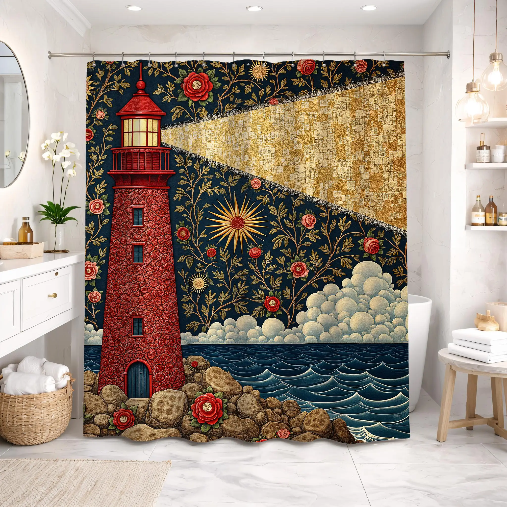 Vibrant Nautical Bathroom Shower Curtain Red Lighthouse Sunset Floral Ocean Scene Waterproof Shower Curtain