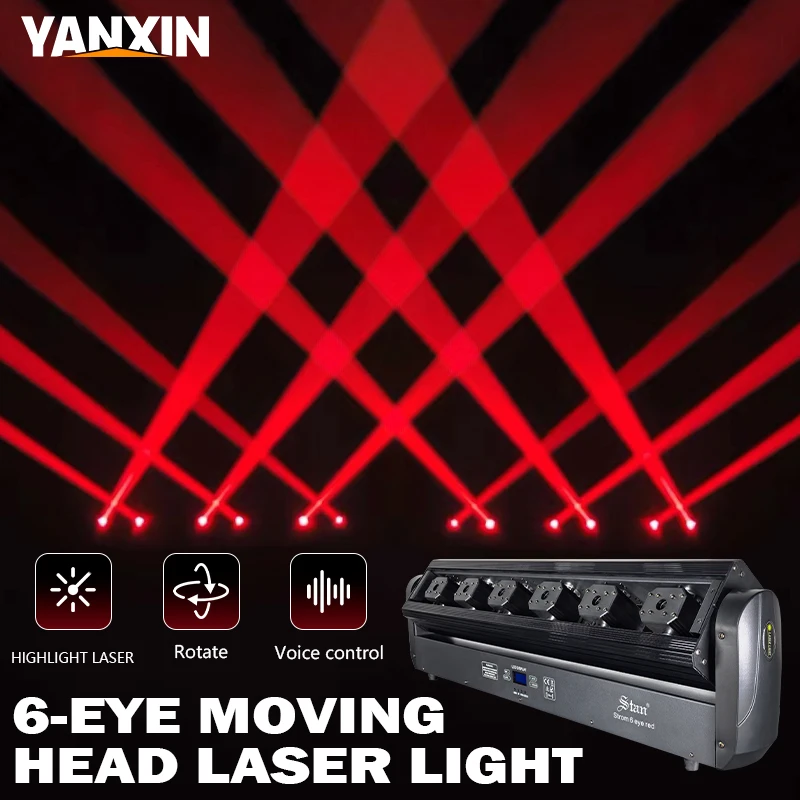 500W RGB 6-Eye Moving Head Laser Light DMX512 Sound Activated Auto RED BLUE GERRN Beam Stage Light for Nightclub Bar Disco Party