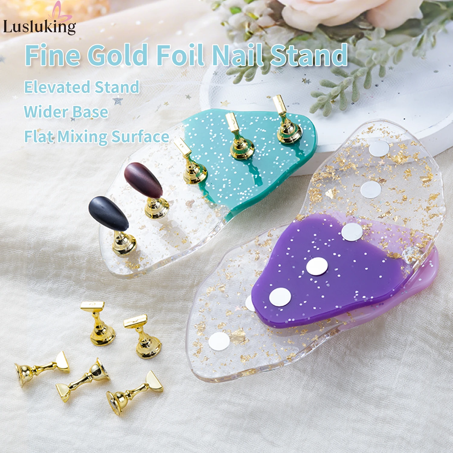 Magnetic Nail Stand Set Gold Foil Acrylic Holder for Press-On Nails Practice Display Stand Nail Art Supplies Gel Mixing Palette