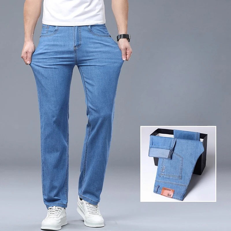 Picture 5: Ice Silk Thin Denim Jeans for Men Blue Straight Stretch Cotton Pants Business Casual Lightweight Trousers Spring Summer Workwear