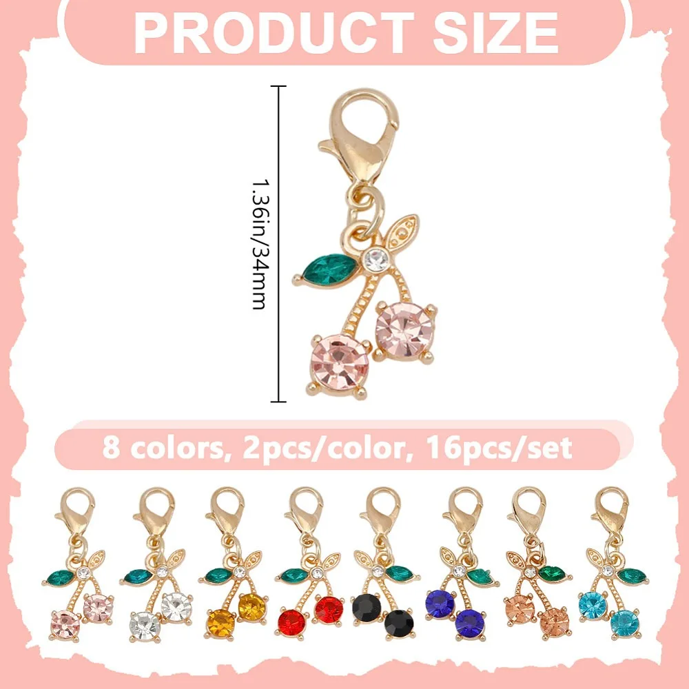 16Pcs 8 Colors Cherry Alloy Glass Pendants Decoration with Alloy Lobster Claw Clasps Mixed Color 34mm 2pcs/color