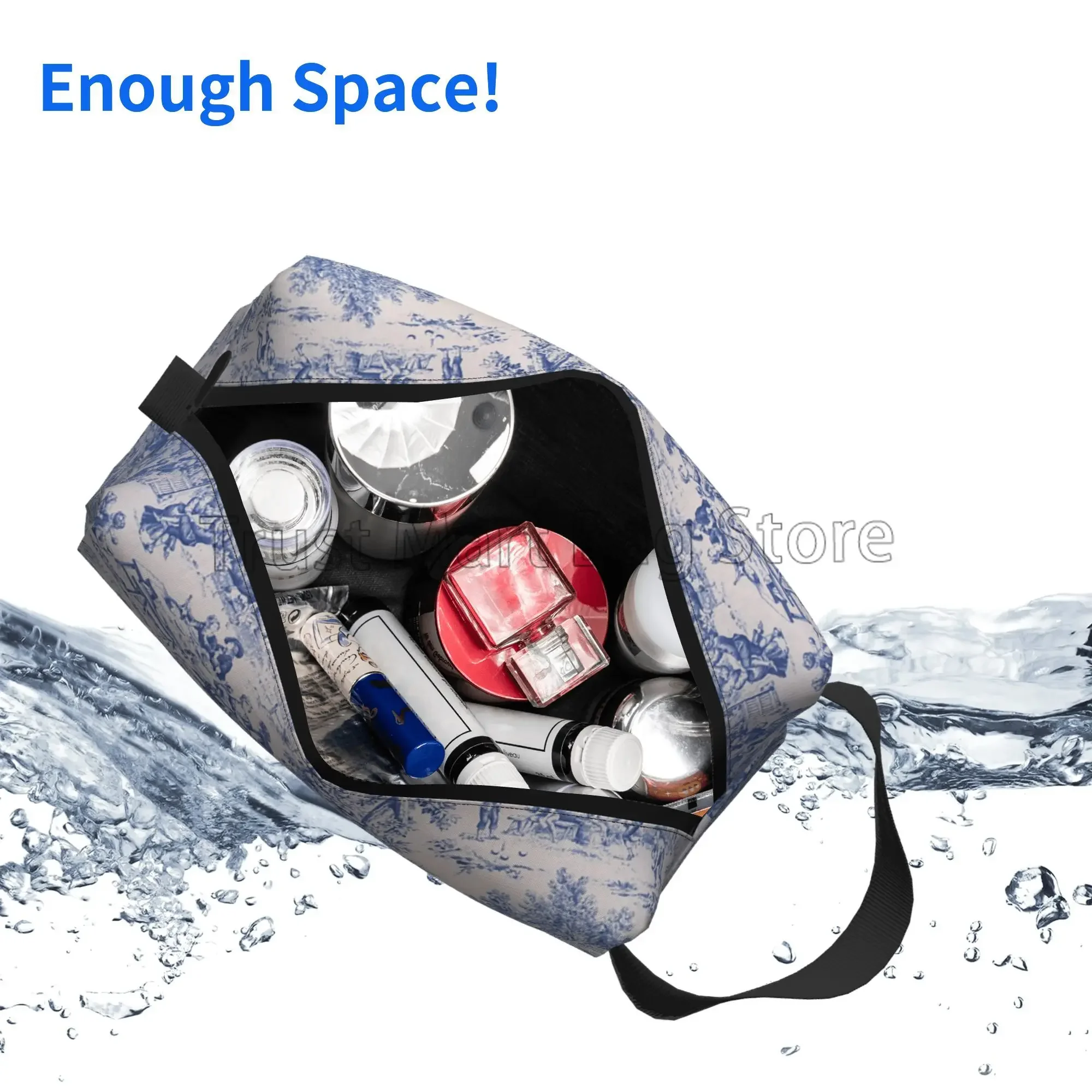 French Toile De Jouy Make Up Organizer Toiletry Pouch Large Waterproof Cosmetic Bag with Zipper Travel Packing Bag for Women