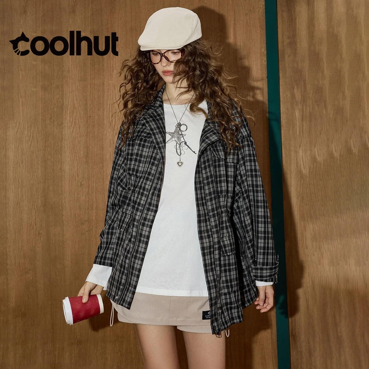 

COOLHUT Women's Windbreaker Vintage Plaid Trench Coat Utility Style Loose Fit Drawstring Waist Casual Fall Outerwear Versatile