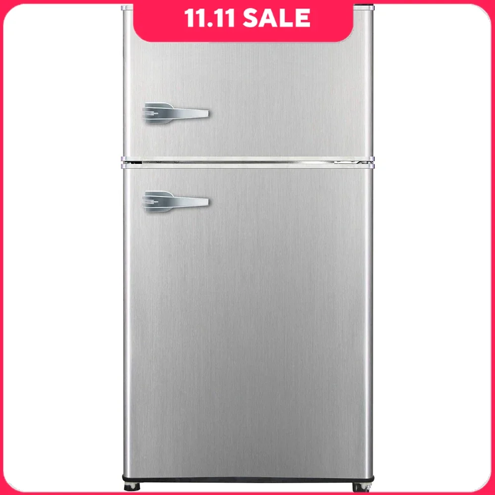 

3.2 Cu Ft Double Door Mini Fridge, Small Top-Freezer Refrigerator, Stainless Steel Bar Fridge Platinum, Portable Refrigerator