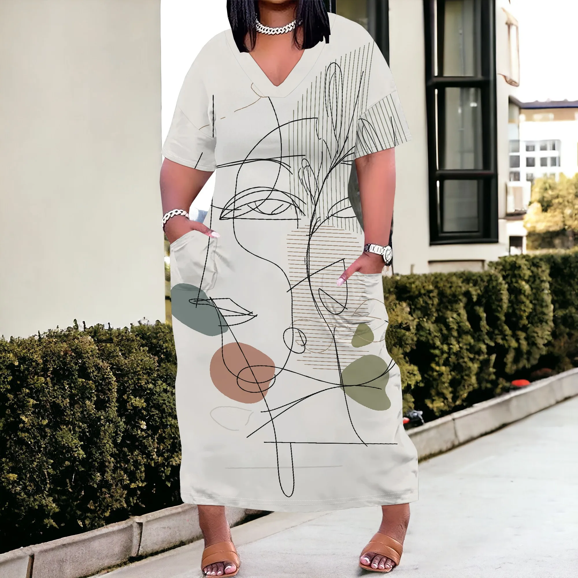 

Plus Size Abstract Line Art Dress for Women XL-6XL – Minimalist Face Print V-Neck Loose Fit Kaftan with Pockets