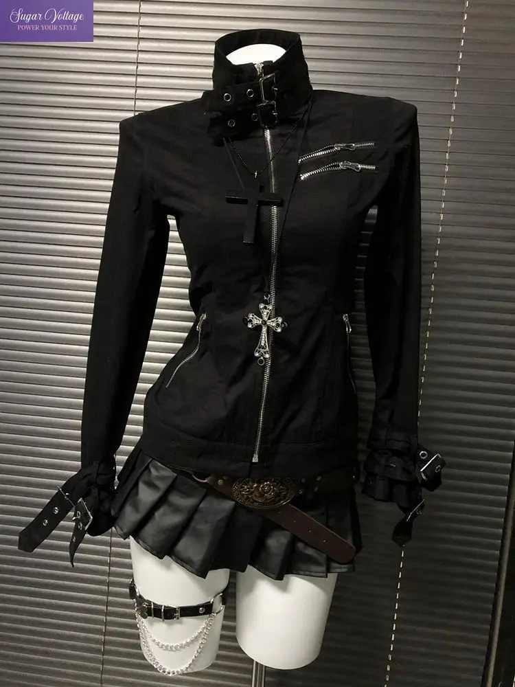 Gothic Techwear American Vintage Short Jacket Women Multiple Zipper Pockets Buckle Strap Cross Embellished Slim Streetwear Coat